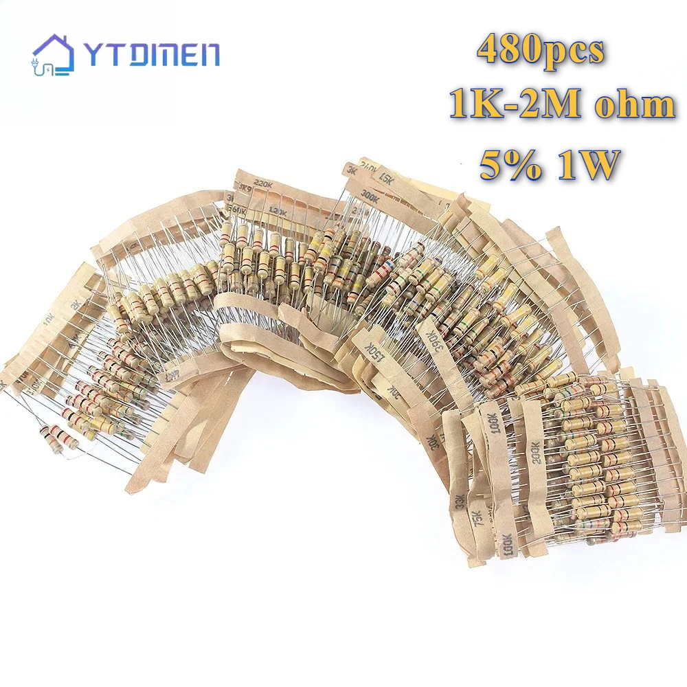 480pcs 1W Carbon Film Resistor Set 5% 1W Carbon Film Resistor Assortment Kit 1K Ohm~2M Ohm Resistance Kit