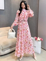 2024 New Spring Autumn Women Long Sleeve Belt Slim Long Dress Korean Sweet Ruffles Pleated Big Hem Chiffon Floral Dress