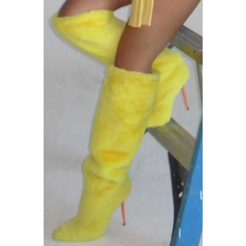 

Pink Lemon Yellow Fur Knee High Boots Women Pointed Toe Orange High Heels Full Fluff Fur Boots Winter Female Warm Snow Shoes