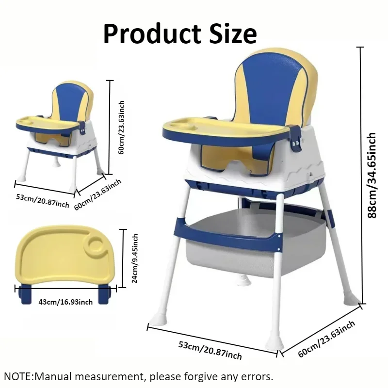 3 in 1 Baby High Chair with Wheels Storage Unicorn Cushion 3 Gear Adjustable Double Tray Height Adjustable Foldable Baby Chair