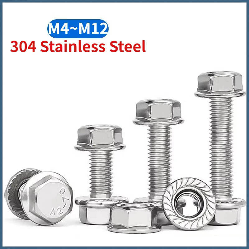 Flanged Bolts Fully Threaded Flange Hexagon Head Screws and Serrated Flange Nuts Set 304 A2 Stainless Steel M4 M5 M6 M8 M10 M12