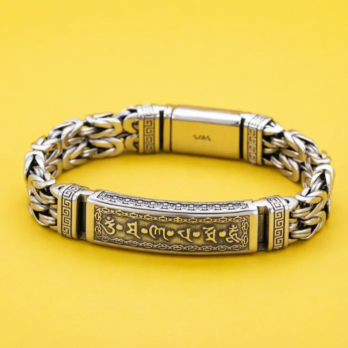 S925 Sterling Silver Men's Personality Six Character True Word Peace Pattern Bracelet Thai Silver Retro Trendy Retro Emblem Buck