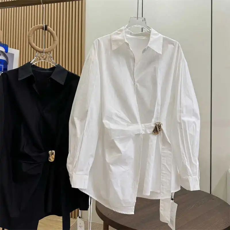 

Women's White Shirt Casual Long Sleeve New Loose Buttoned Pleated Solid Color Irregular Lapel Blouses Tops for Female