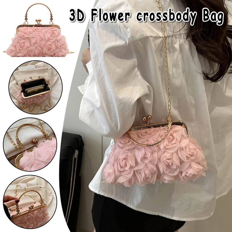 

3D Floral Chiffon Evening Clutch Bag for Women Party Wedding Prom with Detachable Chain Strap Crossbody Shoulder Purse
