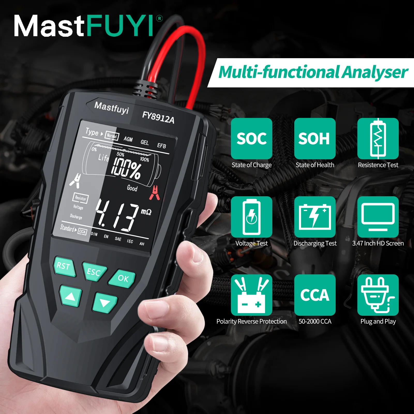 MASTFUYI Large Screen Battery Tester 12V/24V lead-acid battery Handheld test bench Plug and play to measure battery health