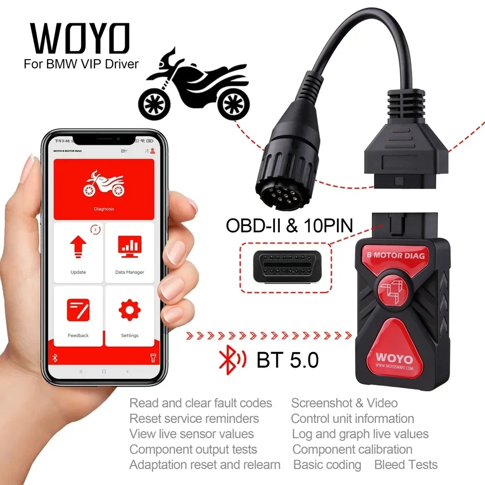 WOYO CTB008 for BMW Motorcycle OBD2 Diagnostic Tool BT5.0  Supports EU-4 Read Clean  Lnterval ABS Tester 10-pin Reading Code