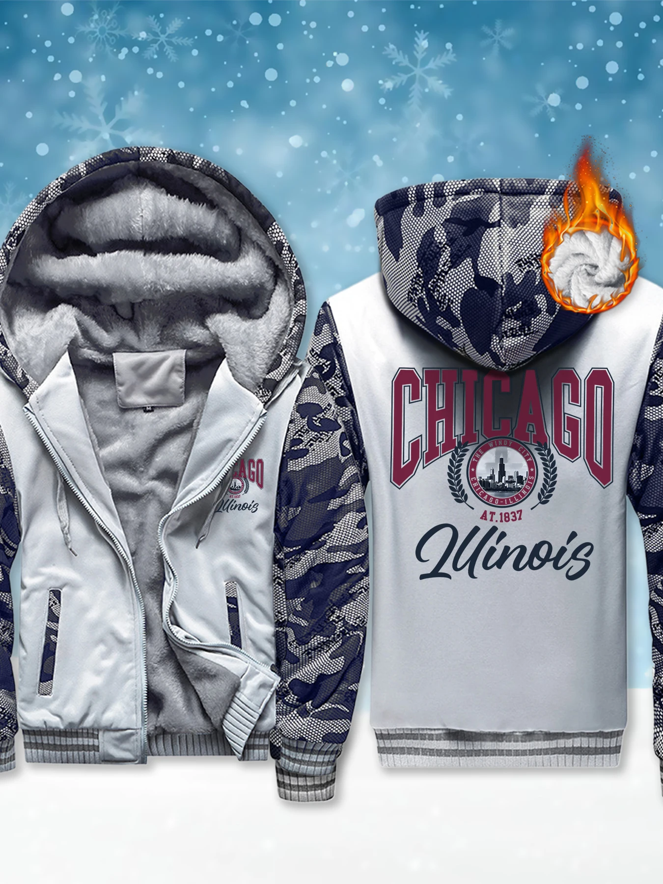 Sudaderas con capucha con estampado de Chicago Illinois para hombre, ropa cálida de alta calidad, jersey de invierno para exteriores, abrigo pesado de lana cómodo