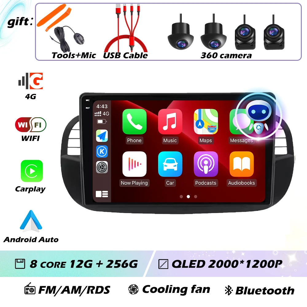 9 ''Android 16 Autoradio Stereo voor Fiat 500 2007-2015 met GPS Navigatie Stuurbediening Multimedia Carplay auto WIFI
