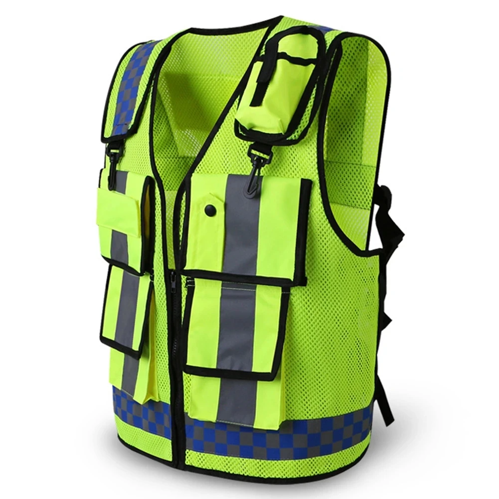 Police Reflective Vest High Visibility Reflective bonded multiple pockets Vest Mens Construction Worker Night Runner Safety Vest