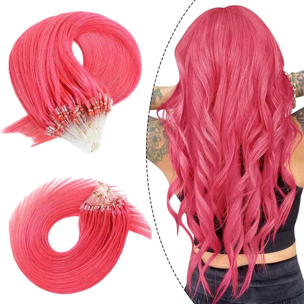 Extensões de cabelo rosa micro loop para mulheres, cabelo humano real, cabelo remy reto natural, cabelo microring colorido, 50g, quente