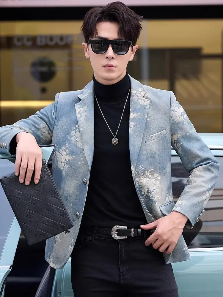 New Designer Men Floral Printed Party Sheepskin Genuine Leather Jacket Slim Fit Single Breasted Business Casual Blazer Suit Coat