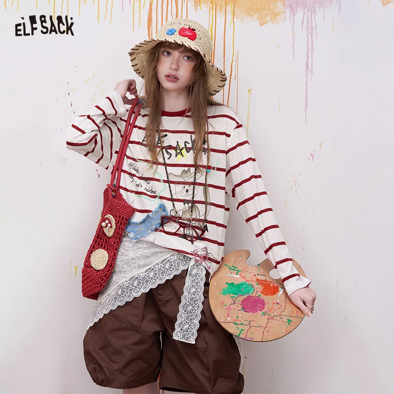 ELFSACK Vintage Stripe Graphic T-Shirt, Rainbow Print Denim Patch Top, Casual Long Sleeve Tee for Women