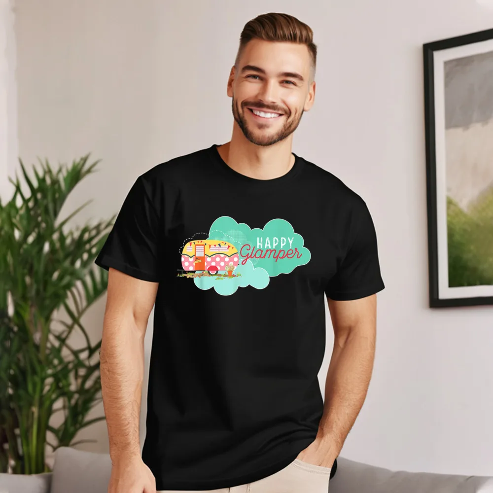 Casual Happy Glamper T-Shirt. Pink RV Short Sleeve Christmas Tops Tees Special O-Neck Premium Cotton Tops Shirts Youth T Shirts