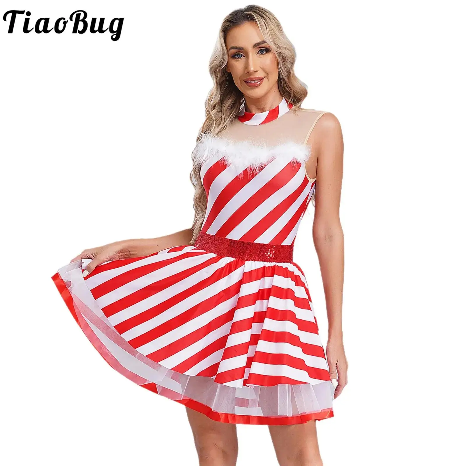 Damen Weihnachten Candy Cane Kleid Miss Santa Cosplay Kostüm Pailletten Gestreiftes Trikot Tutu Ballett Eiskunstlauf Tanzkleid