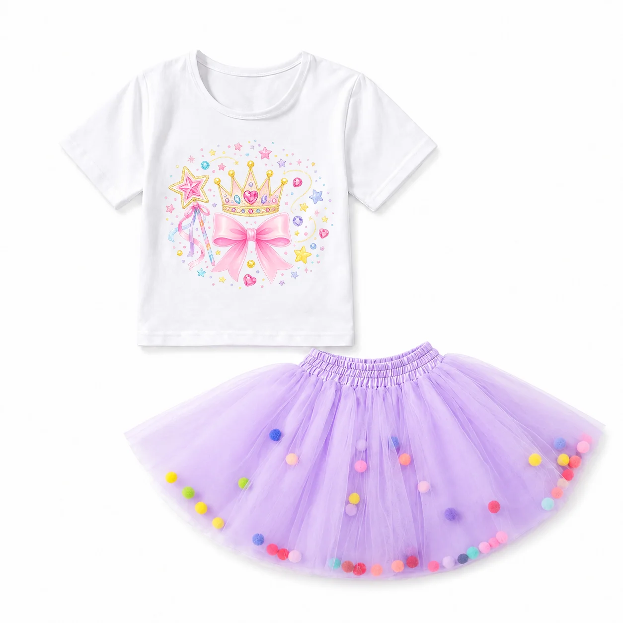 2Pcs Girls Princess Outfit Crown Bow Print Short Sleeve T-Shirt Purple Pom Pom Tutu Tulle Skirt Kids Summer Birthday Party Balle