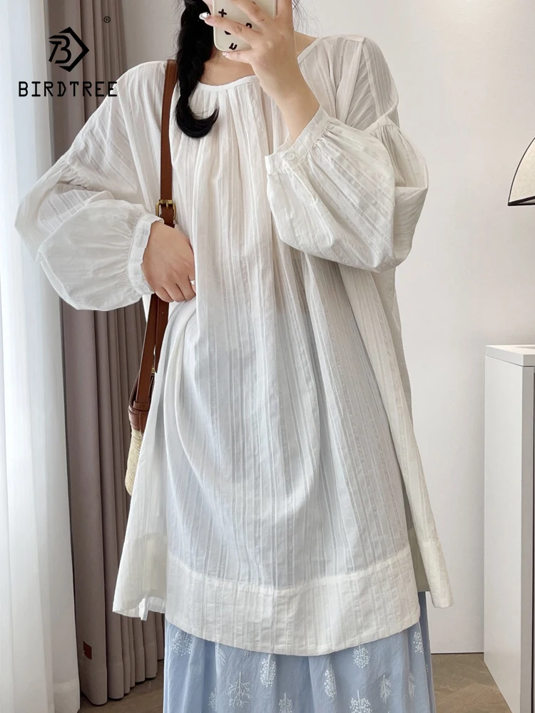 

New Summer Cotton Long Sleeve Shirt, Women O Neck Striped Top, Mori Girl Casual Loose Simplicity Long Blouse, 2024 Fall T48349QC