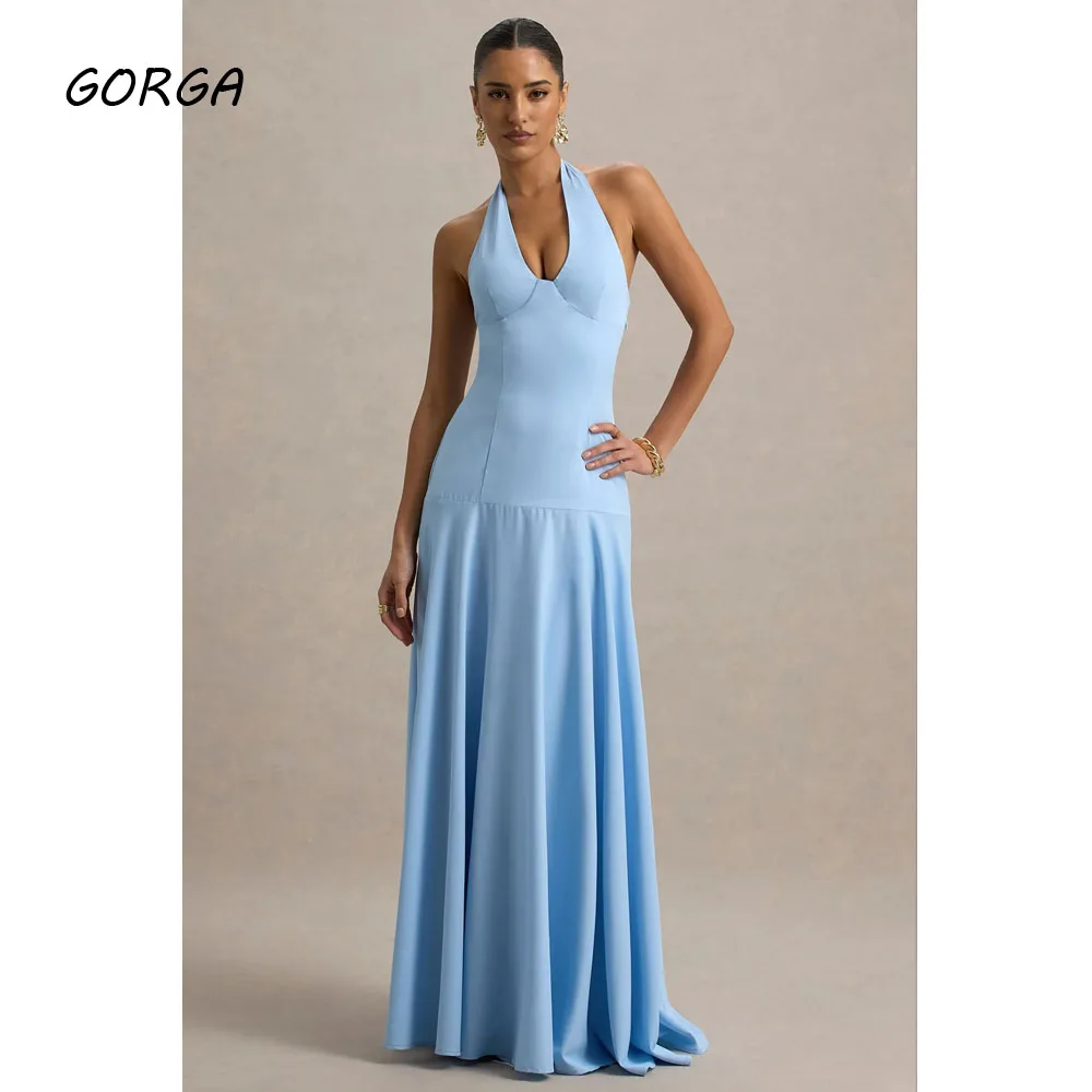 

GORGA Customized Long Blue Floor-Length Satin Evening Dress Halter Prom Dress 2025 Sleeveless A-line Party Dress