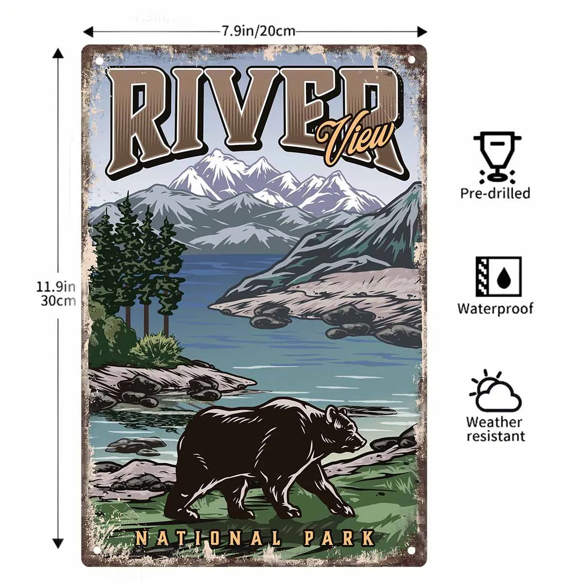 2D FLAT 1pc River View National Park Bear Mountain Lake Metal Wall Sign Decoration for Home Cafe Garage Bedroom Porch And Garden