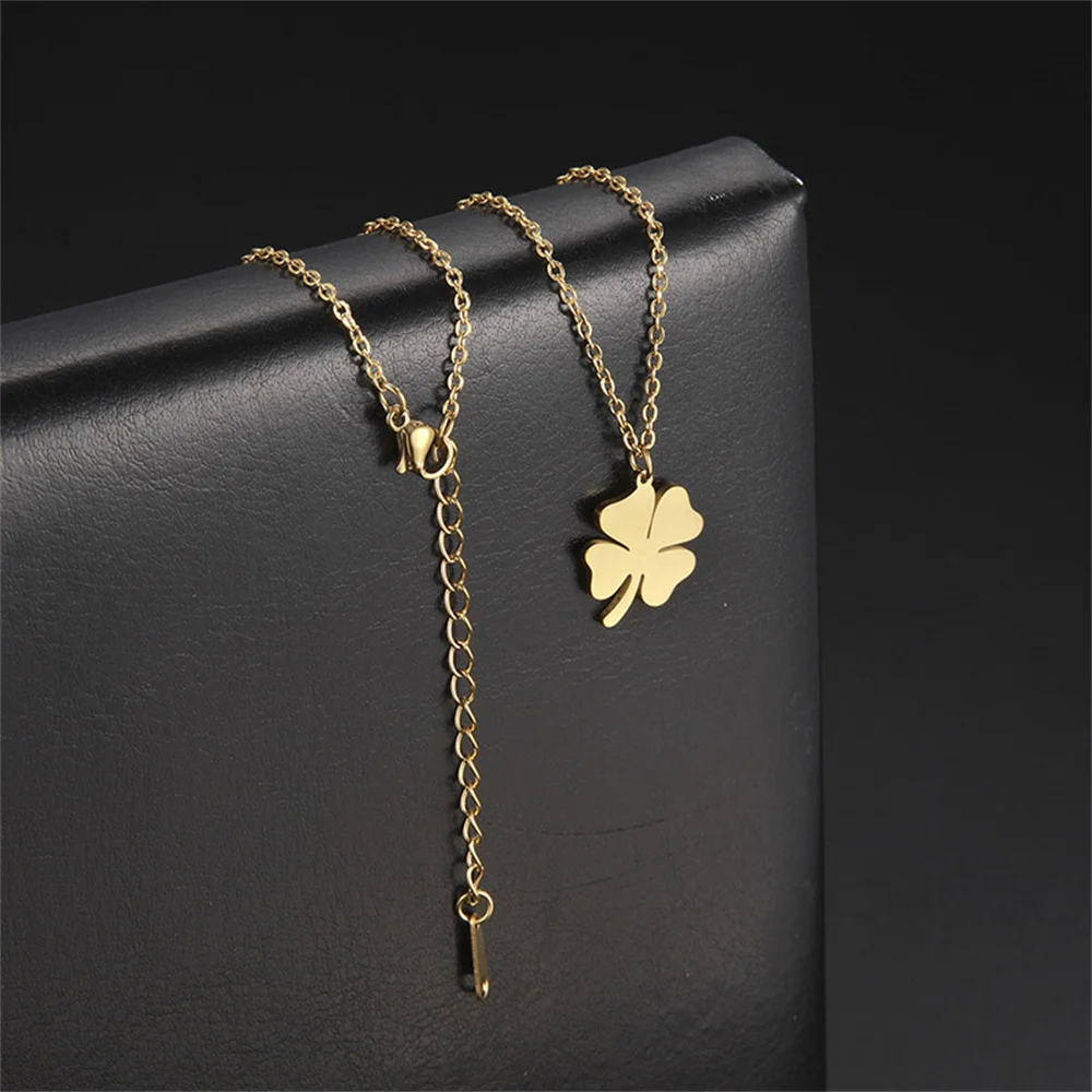 Kkjoy Edelstahl Pflanze Vierblättriges Kleeblatt Anhänger Halskette Mode Elegante Feminine Kurze Schlüsselbein Kette Halskette Schmuck – Detail 9