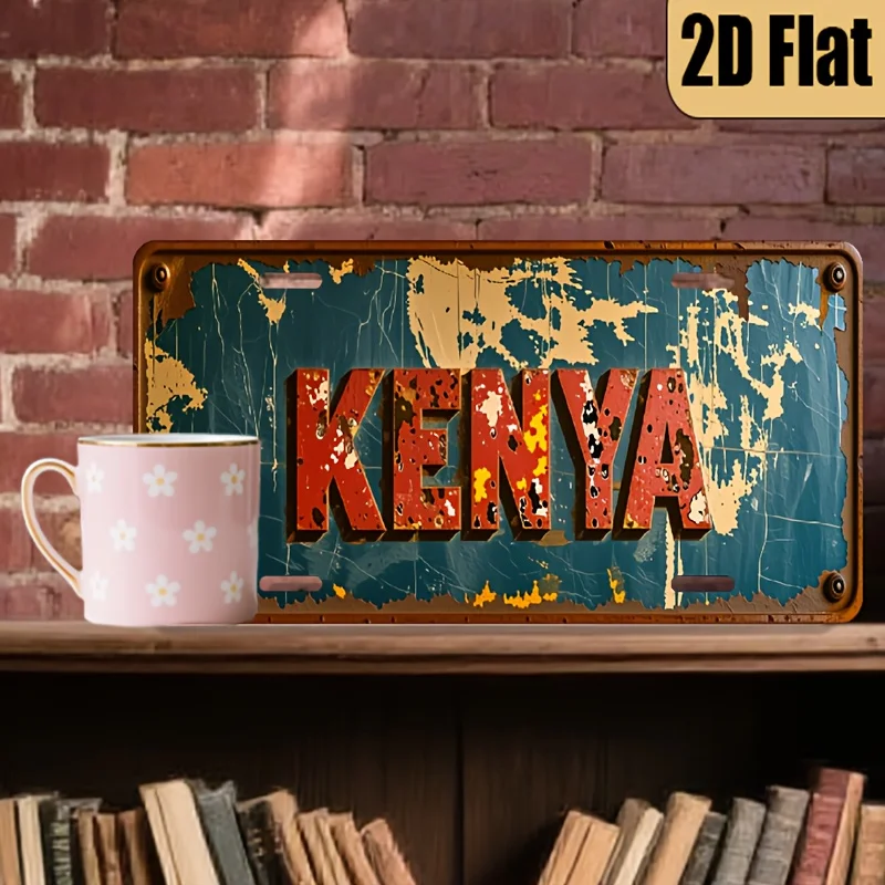 Vintage Distressed Kenya Map License Plate 2D Flat Aluminum Tin Sign Wall Art Decor for Garage Bar Man Cave and Car Front Plate