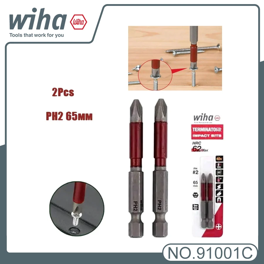Juego de puntas de destornillador de impacto WIHA, 2 uds., 14 pulgadas, Hex PH2 Phillips HRC62, alto torque, 65-110mm, 91001C-91011C