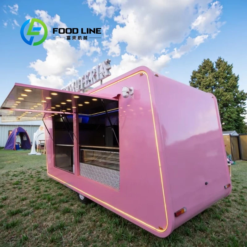 

Customized Pink Donut Shop Food Trailer Tow Bar Catering Cart Full Kitchen for Candy Chips Ice Cream Coffee