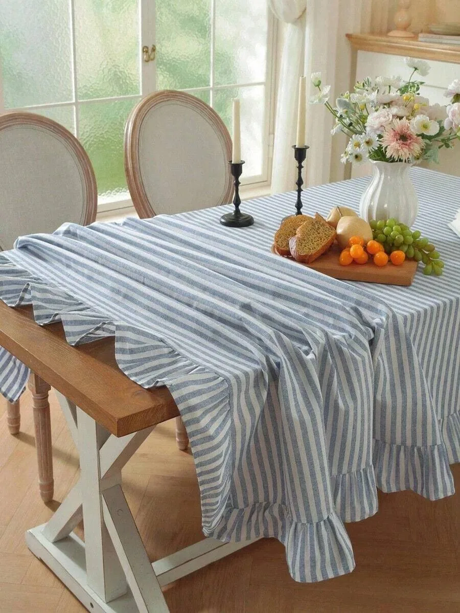 1pc Japanese Style Simple Solid Color Woven Blue Stripe Lotus Edge Square Tablecloth, Suitable For birthday  wedding Kitchen