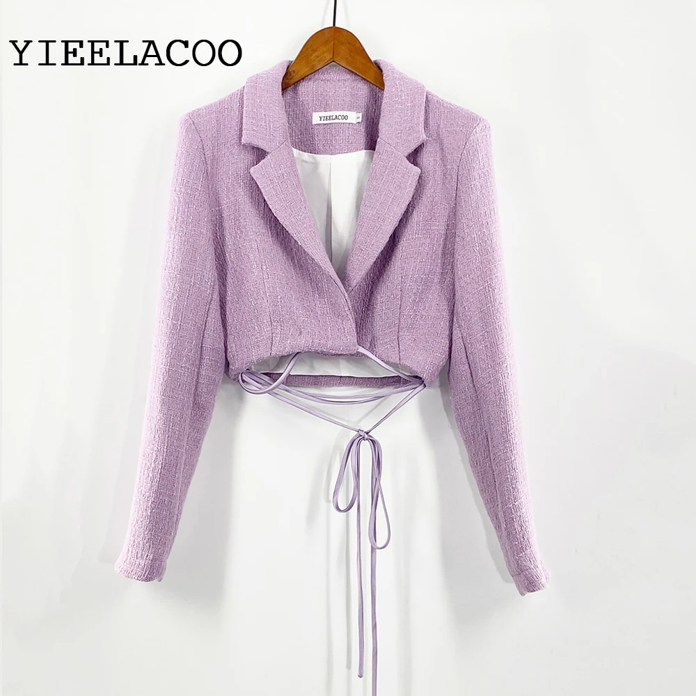 Light Purple Tweed  Jacket Women Waist tie decorative belt Spring / Autumn / Winter Woolen Coat New classic BlazerLadies