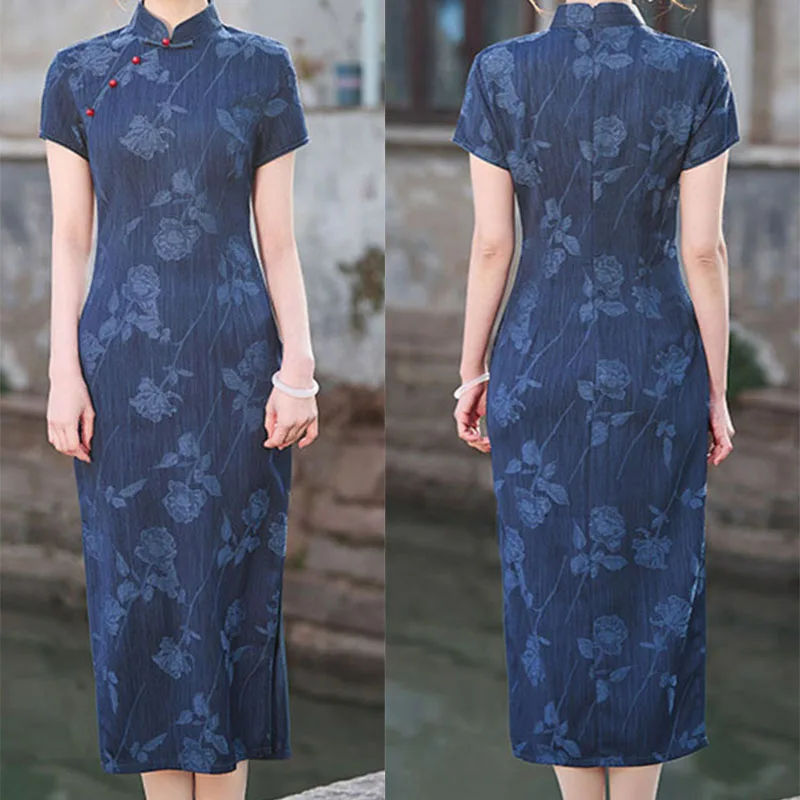 

Blue Print Qipao New Chinese Style Dress Women Sexy Vestidos Mid The Calf Cheongsam Mandarin Collar Vestidos Plus Size 3Xl