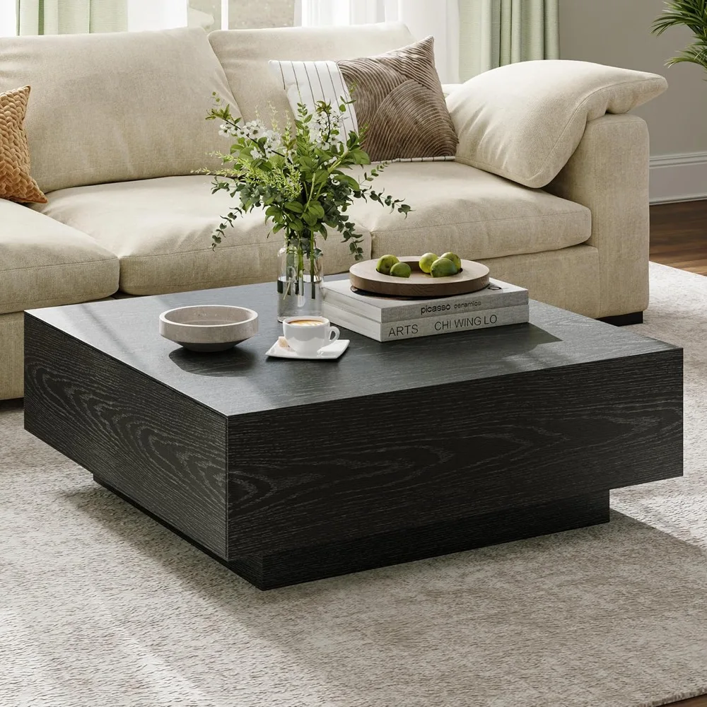 

Modern Square Coffee Table with Drawers, 39.37" Wood Coffee Table for Living Room Home Office, Fully-Assembled Black