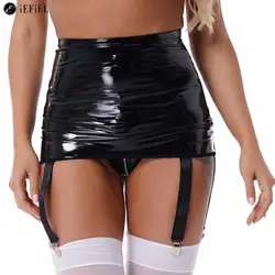 Womens Wet Look PVC Leather High Waist Garter Belt Suspenders Mini Pencil Skirt with 6 Wide Strap Metal Clip Clubwear