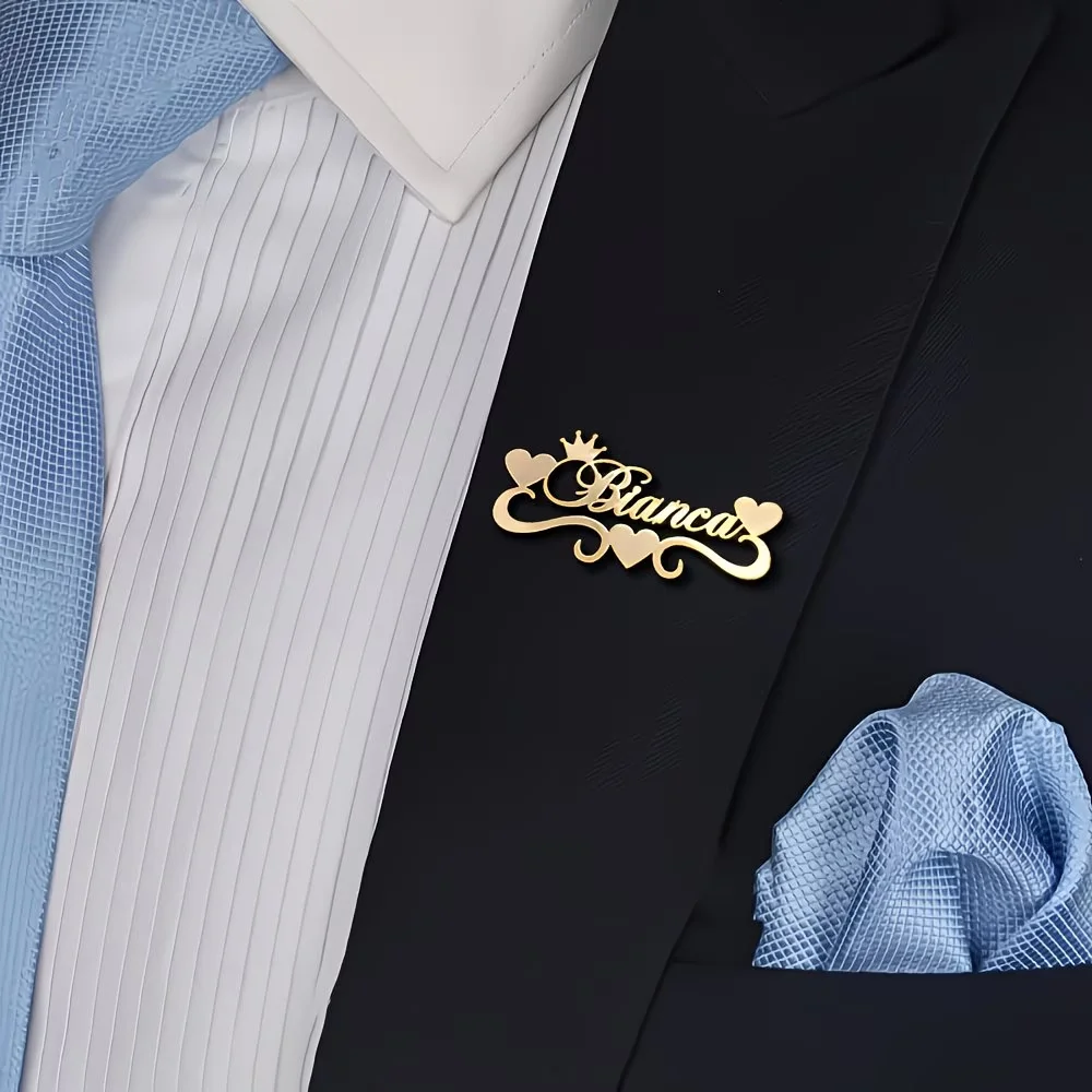 

Custom Name Lapel Pin For Men Women Crown Heart Personalized Stainless Steel Brooch Wedding Elegant Groom Groomsmen Jewelry Gift