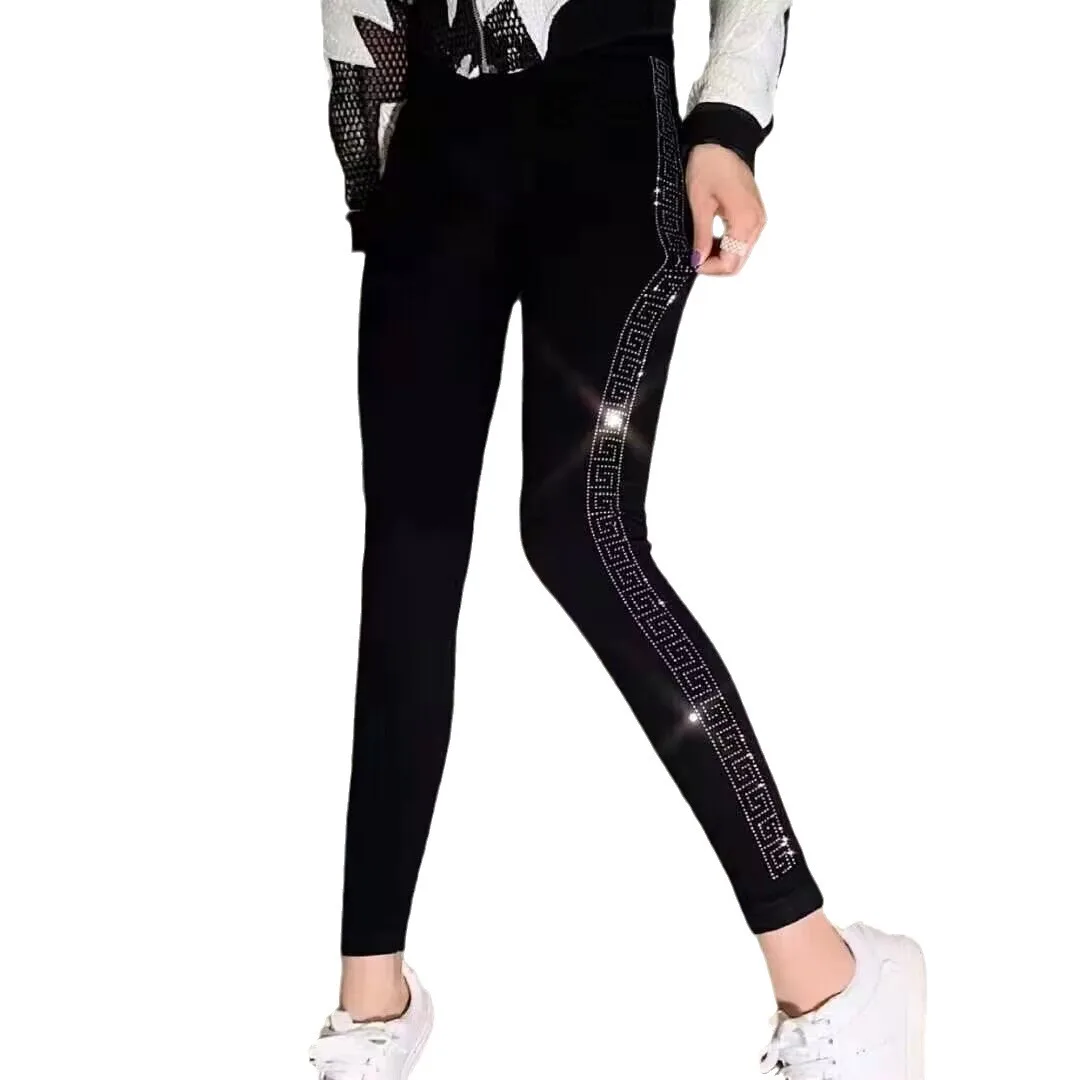 Women Clothing Sexy Pants Woman Fitness New Autumn Winter High Waist Stretch Thicken Velvet Leggings Blingbling Hot Drilling