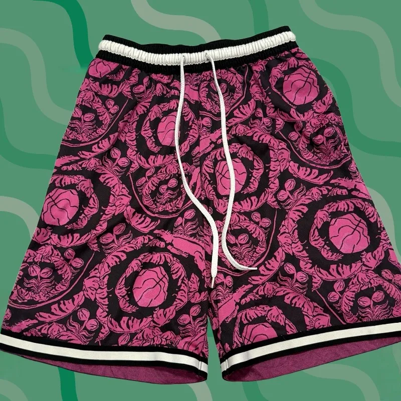 Baroque Patterned Printed Basketball Pants with Stripes, Breathable Black Sole, Loose Wide Leg Training Shorts