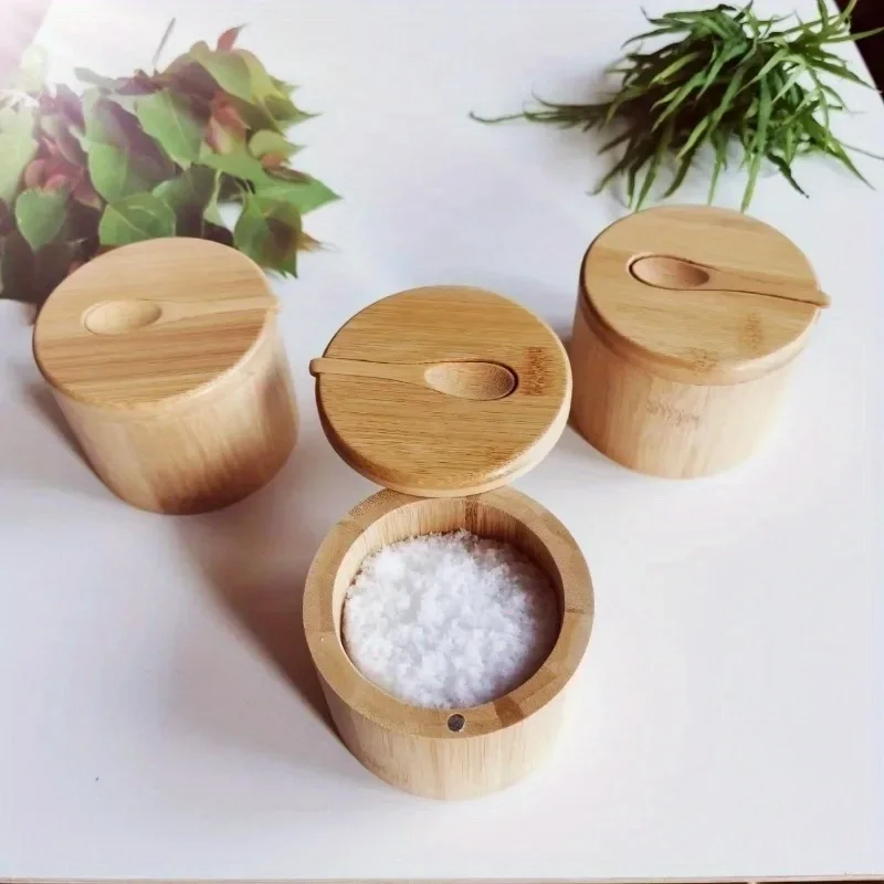 Bamboo Salt And Pepper Seasoning Jars Set Wood Condiment Box Multi-Function Kitchen Storage Pot Sugar Holder for Home