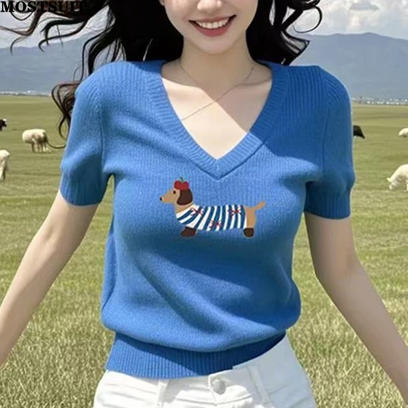 

Summer Blue V-neck Sweater Jumpers Women Dog Jacquard Short Sleeve Pullover Tops Fashion Stylish Chic Ladies Knitwear 2025