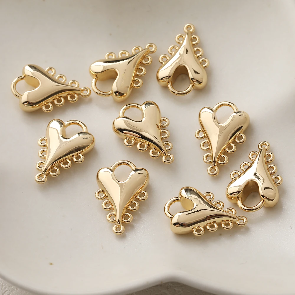 2PCS 14K Gold Plated Thick Silver Heart Multi Hole Cool Style Pendant Handmade Material Accessories Jewelry DIY Making Supplies