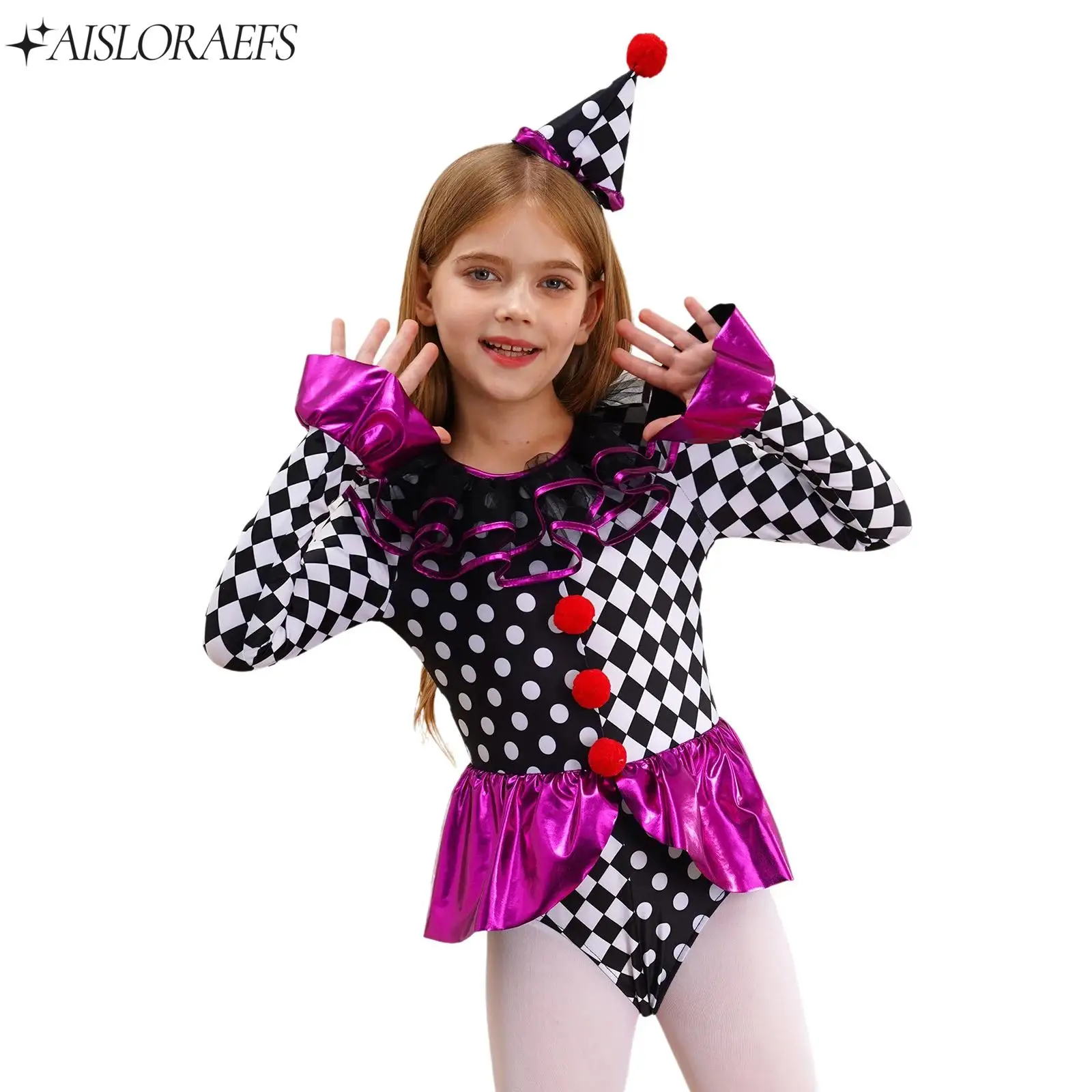 Children Girls Circus Clown Cosplay Costume Ruffle Checkerboard Polka Dot Red Pom Poms Bodysuit Carnival Halloween Party Costume