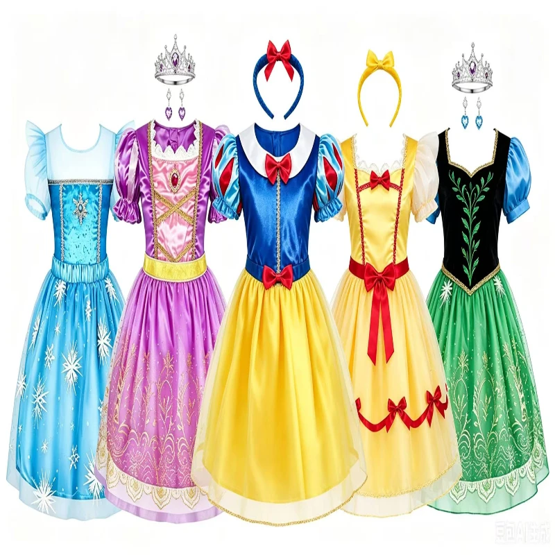 Traumhaftes Königliches Märchen-Cosplay-Kleid-Set für Kinder mit Mehreren Mustern, Puffärmeln und Passenden Schmuck-Headpieces für den Kindertag