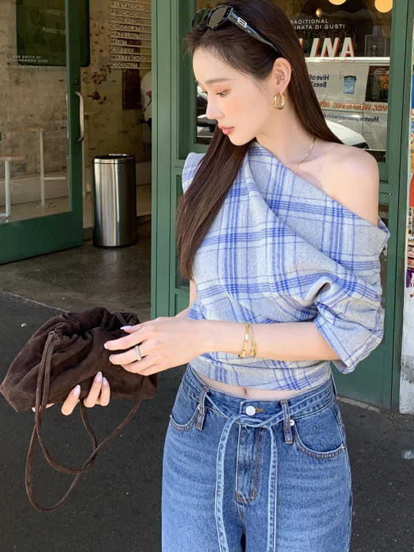 Retro Plaid da donna irt Casual Versatile Asimmetrico oulder Design Estate Puro Desiderio Sle Versione coreana Slim Fit irt