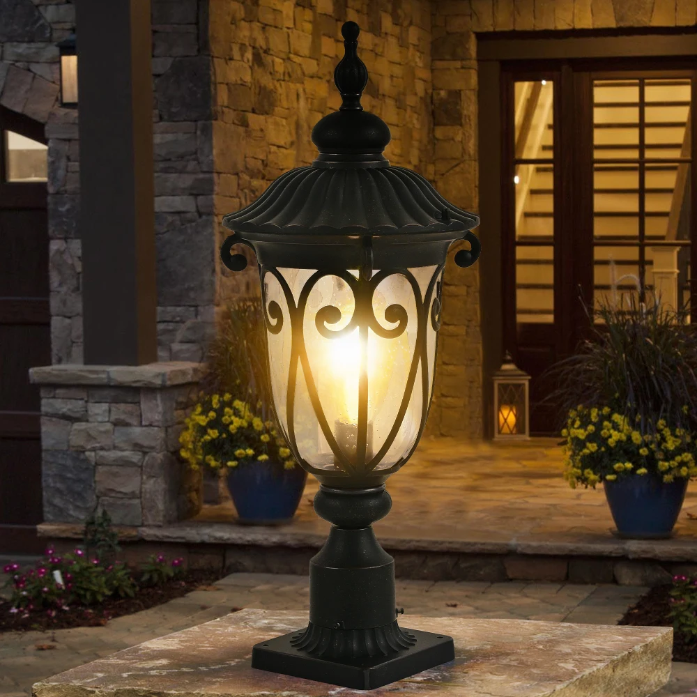 1-pack Vintage Black Outdoor Post Lantern - Waterproof Aluminum Lamp Post Light with Bubble Glass,Retro elegant design