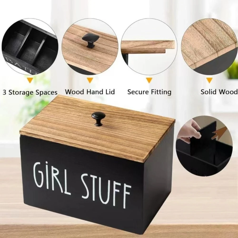 

Wooden Cotton Pads Storage Box with Lid 1/3 Grids Tampon Holder Dust Proof Large Capacity Cotton Swab Holder Bathroom