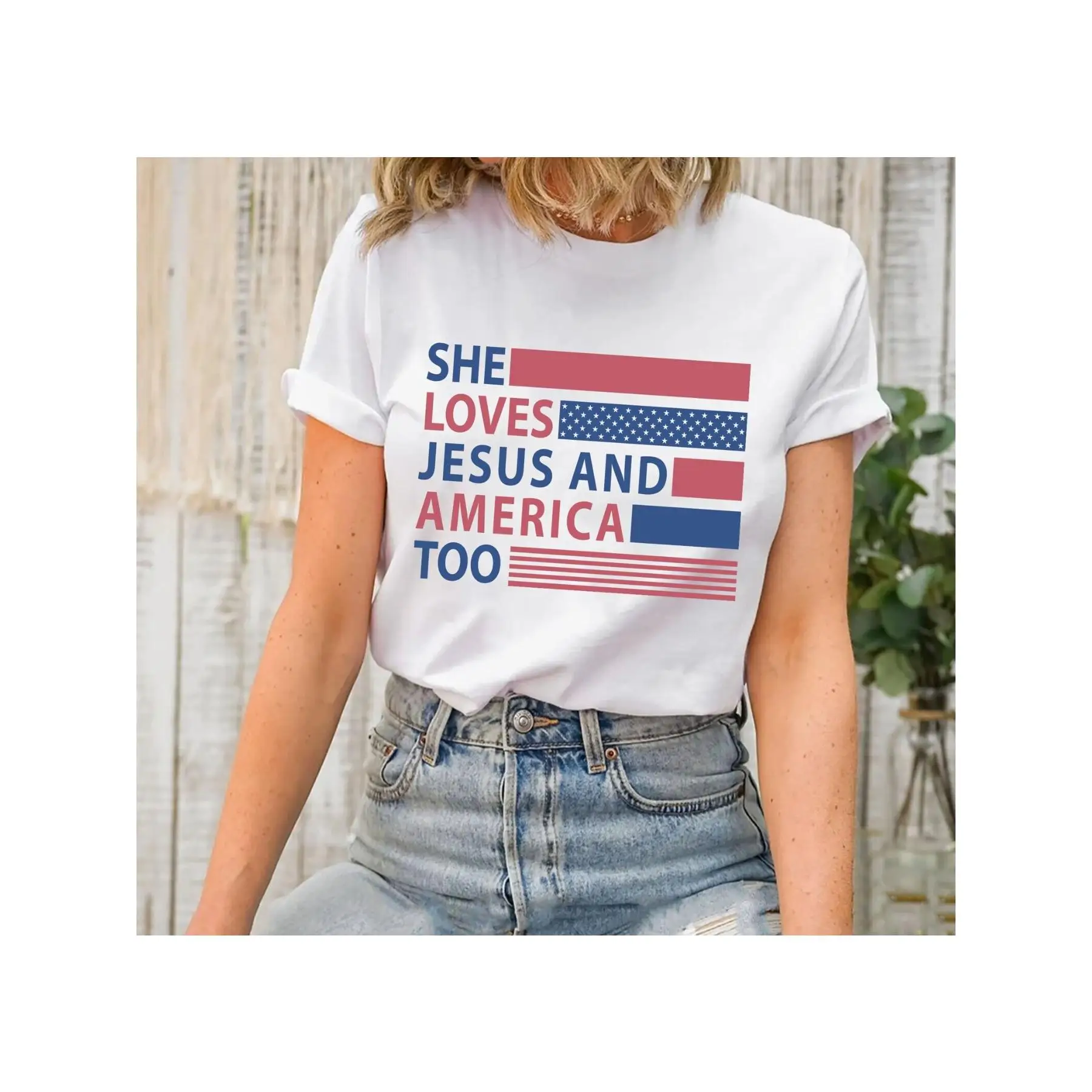 

Expressive T - Shirt for Female Wearers: Devotion to Jesus and Patriotism for America
