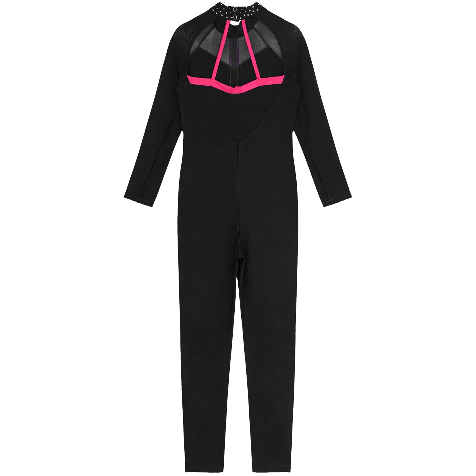 Kids Girls Gymnastics Jumpsuit Performance Costume Long Sleeve Mock Neck Cutout Back Mesh Patchwork Shiny Rhinestones Bodysuit