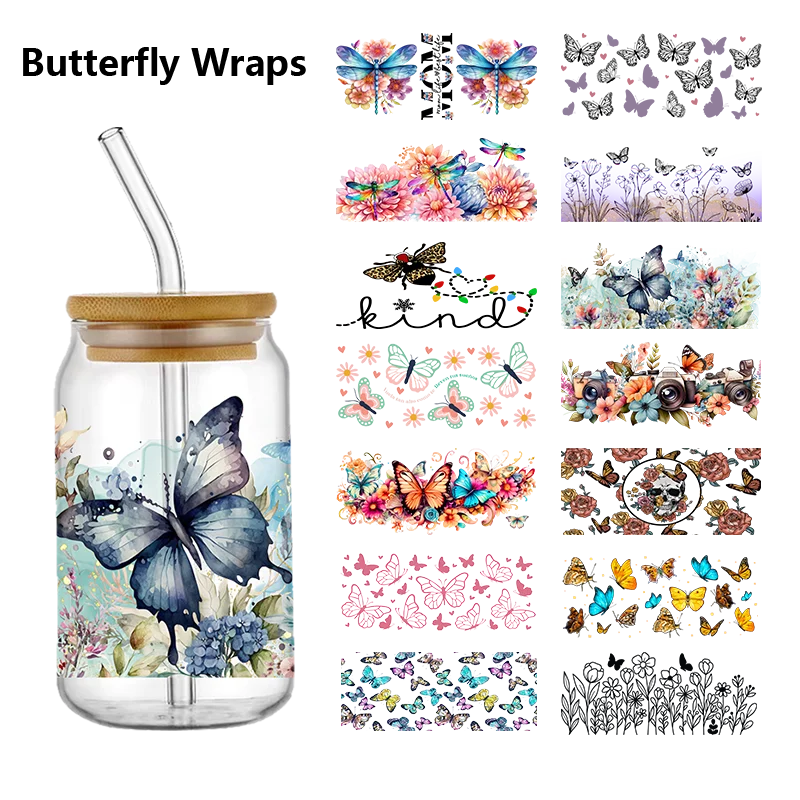 

Waterproof Transfer Sticker DIY Pink Butterfly Washable UV DTF Transfer Cup Wraps Stickers Adhesive Clear Jar Bottle Stationery