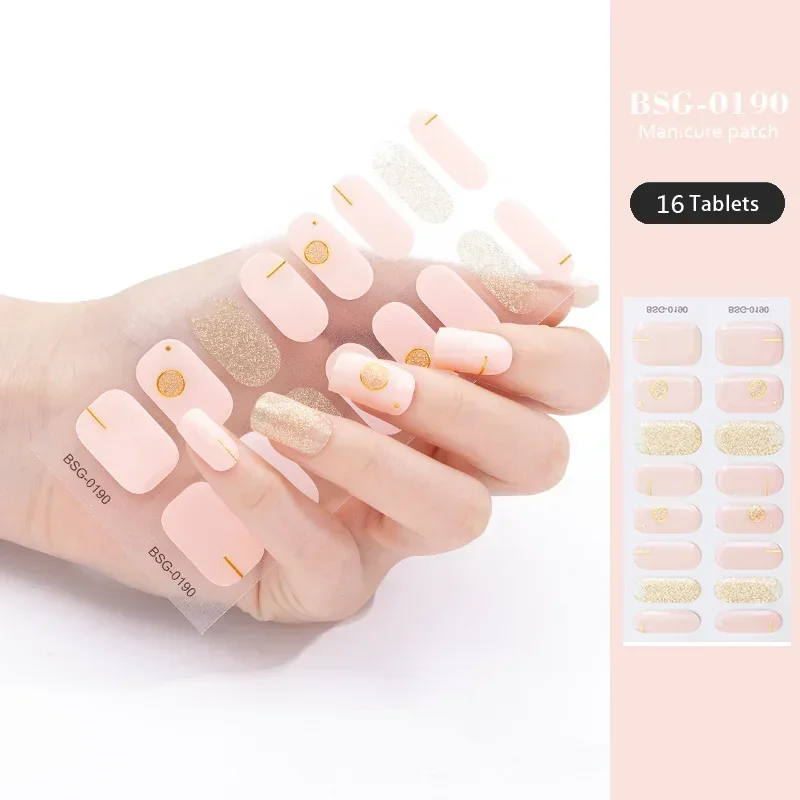 Pegatinas de uñas de Gel semicurado 3D, parches de uñas de Gel dorado caliente, pegatinas de cubierta completa para uñas, lámpara UV, necesita dijes de uñas, 16 puntas