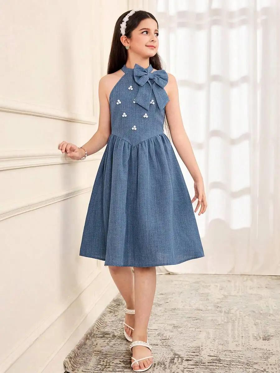 

Women Casual Halter Neck Sleeveless Bowknot Floral Decor A-Line Dress