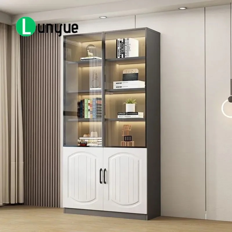 Transparent Glass Door Bookcase Floor to Ceiling Display Cabinet Dustproof Storage Locker for Living Room Wall Mounted