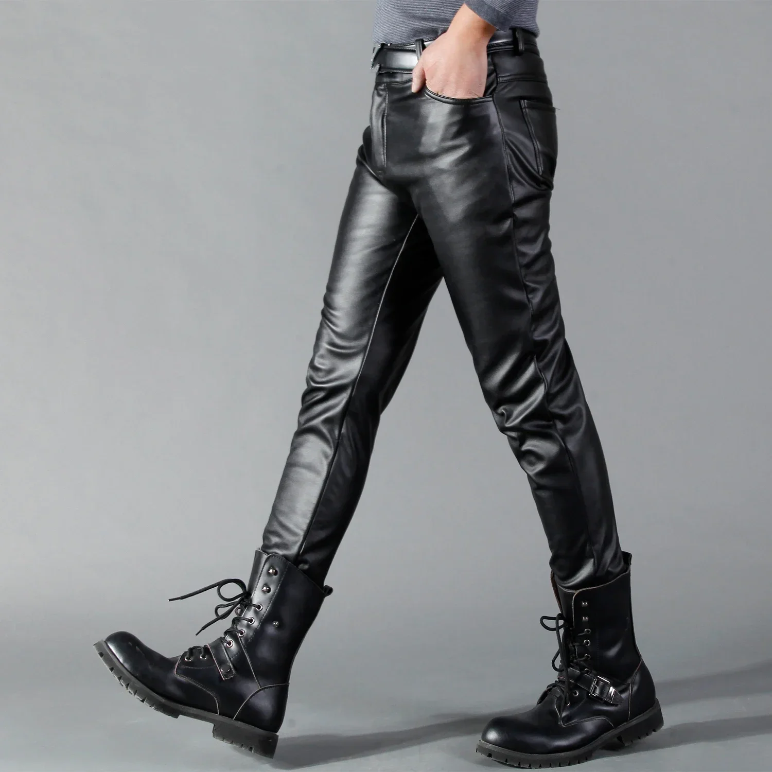 Men\'s Leather Pants Skinny Fit Elastic Fashion PU Leather Biker\'s Trousers Nightclub Party & Dance Pants Thin