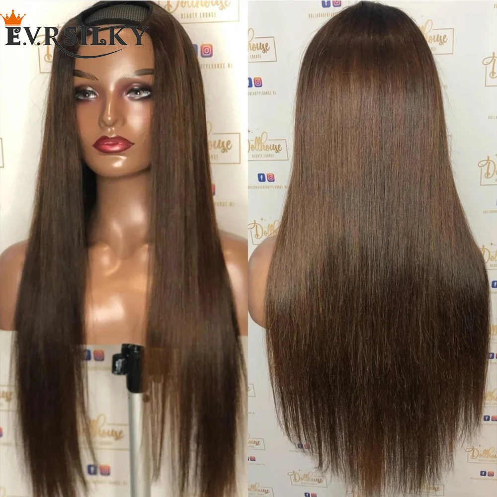 Dark Chocolate Brown Bone Straight V Part 100% Human Hair Wigs Full Machine U Shape Unprocessed Half Wig Peruvian 250Density